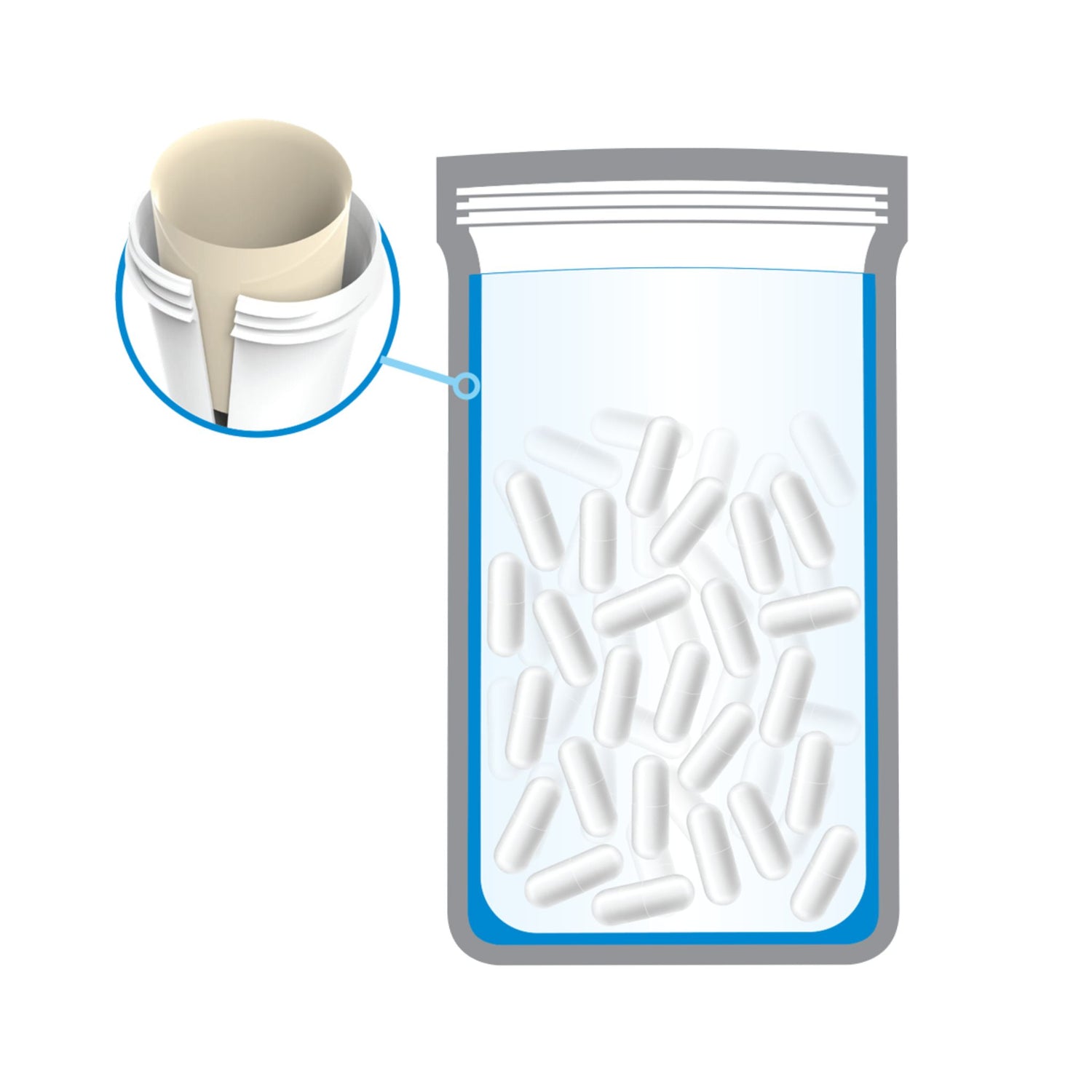 Inner Health Activ-Vial Packaging Diagram - Showcasing leading technology of bottle lining which helps to maintain active probiotics until expiry when designed for shelf and not refrigerated